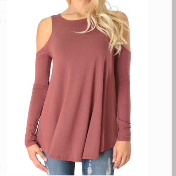 Lyss Loo Tops - Burgundy Cold Shoulder Long Sleeve Top Size S